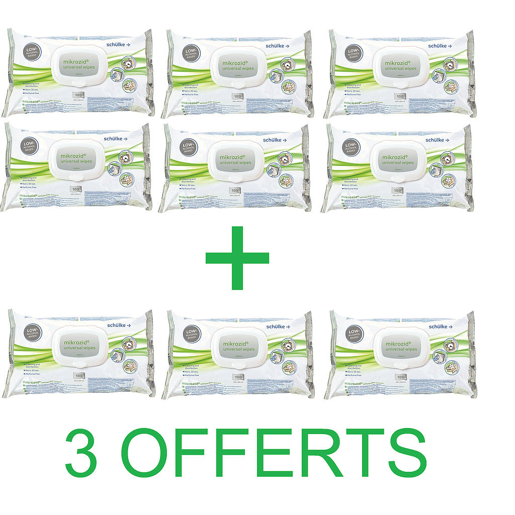 1 Pack 6 + 3 OFFERTES : Mikrozid Universal Wipes sachet 100 lingettes